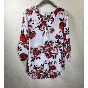 ​Maurices Womens S Floral Red White Roll Tab Sleeve Split V-Neck Tunic Blouse